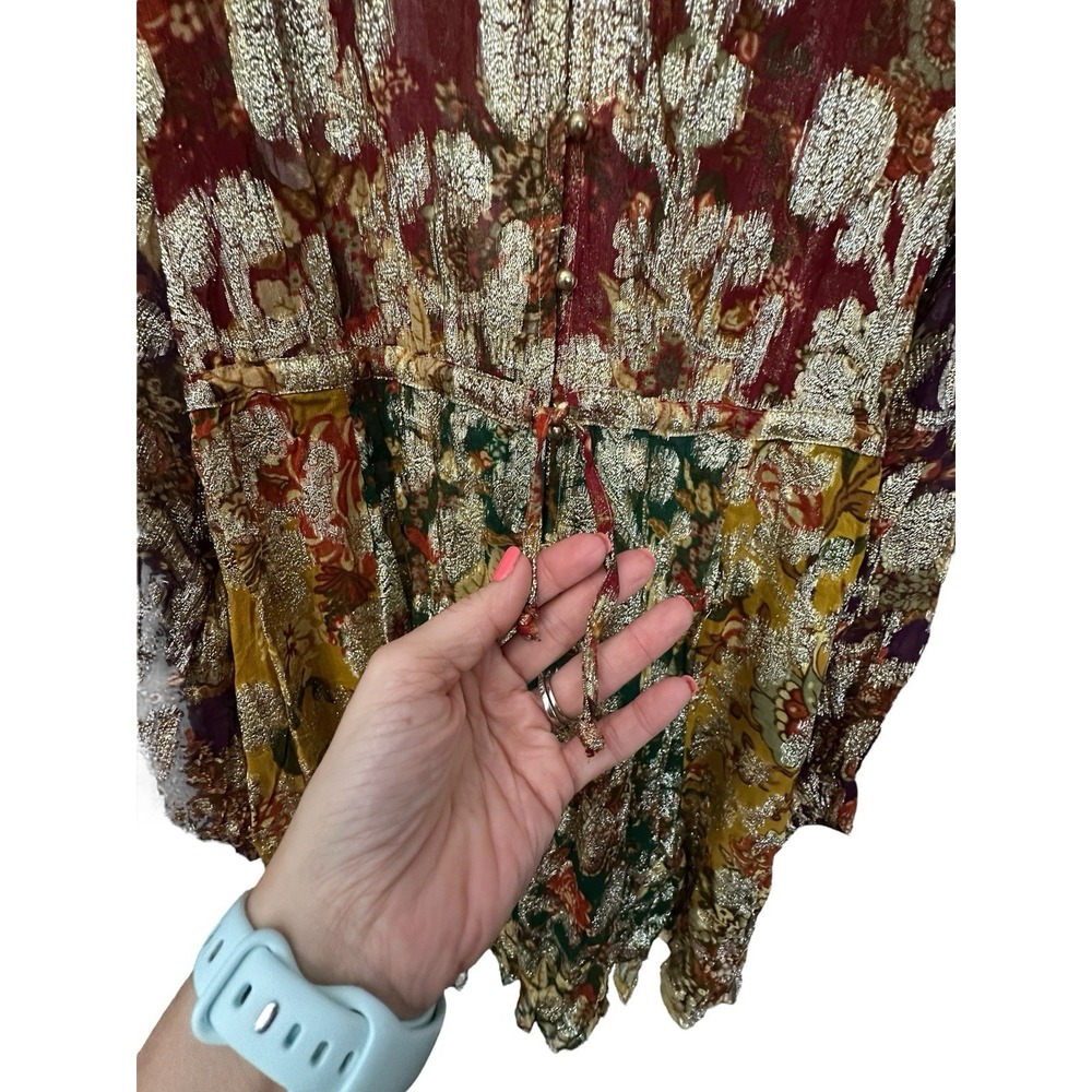 Anthropologie Let Me Be Dress Medium Gold Rainbow Floral Boho Long Sleeve AB14-1 - Picture 4 of 13